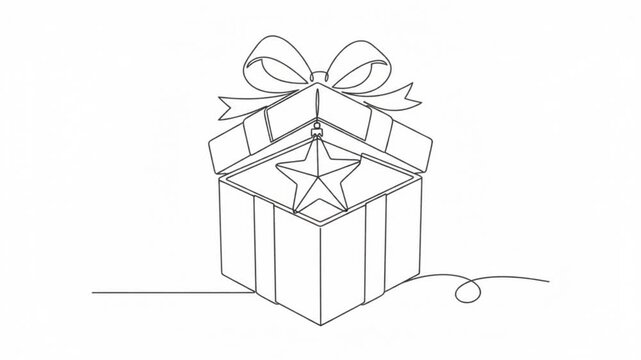 Continuous line of gift box opening with christmas star ornament, minimalist holiday animation single line
