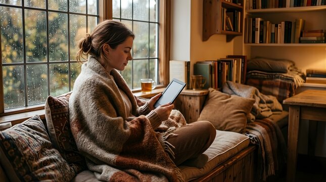 Young woman reading digital tablet by a rainy window in a cozy room
