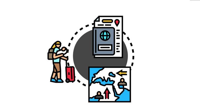 Migration policy stream human displacement, global mobility, and regulatory processes with a traveling person, identification document, and world map