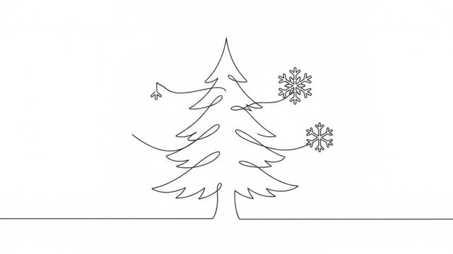 Minimalist christmas tree animation: continuous one-line with falling snowflakes continuous line minimalist