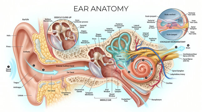 Human ear anatomy diagram displaying detailed internal structures like the cochlea and ossicles for educational medical study in bright colors