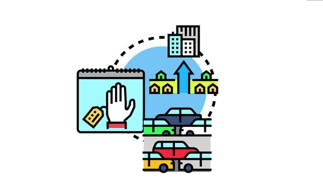 Migrant traffic control system icon with hand presenting identification. Cars representing transit. And an arrow indicating movement towards urban buildings