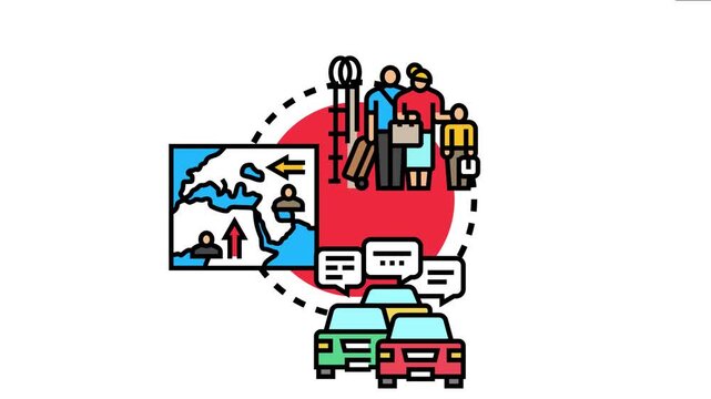 Group of people with luggage, vehicles, and a map with arrows the controlled movement and processing of migrants at borders and checkpoints
