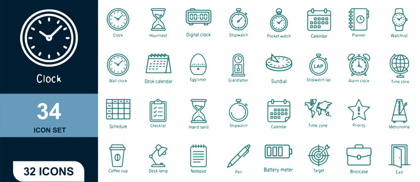 Icon Set Depicting Various Timekeeping Devices and Office Tools