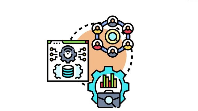 Individuals processing workflow concept with interconnected people, digital dashboard, database management, and analytical tools for efficient administration and documentation