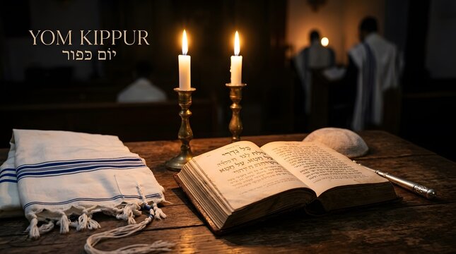 Open prayer book and tallit on a wooden table for yom kippur observance