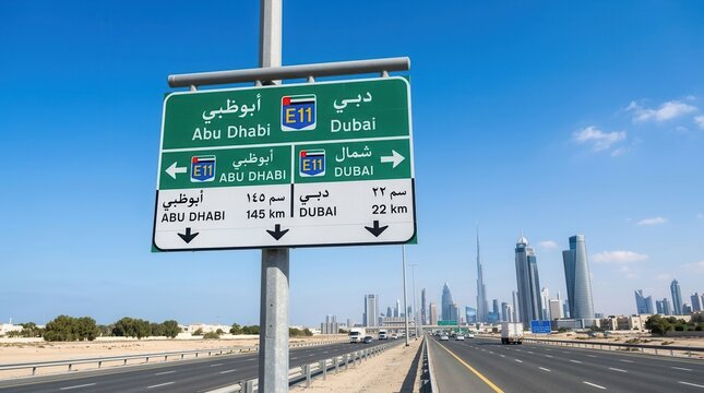 Dubai Abu Dhabi Highway Road Signage In The United Arab Emirates