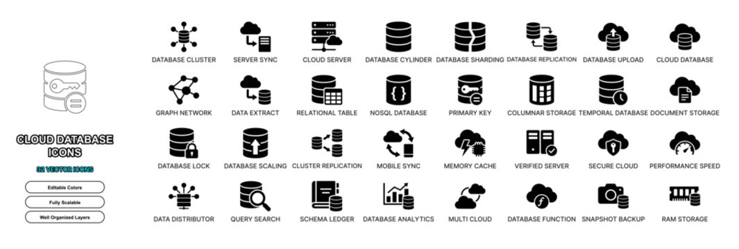 Cloud database technology flat icon set. Datacenter cluster, server replication sync, storage cylinder, data sharding symbols for web app ui design.