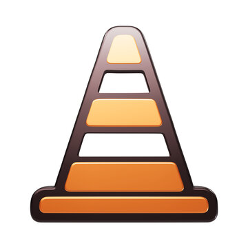 A 3D rendered traffic cone icon featuring a dark metallic frame with bright orange horizontal stripes, representing road safety, construction, and traffic isolated on a transparent background