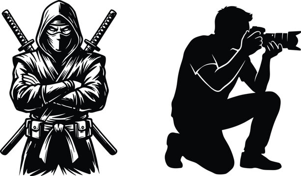 Black and white vector illustration set of a hooded ninja warrior and a photographer