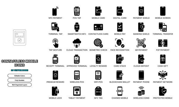 Contactless mobile payment flat icon set. NFC pos terminal tap, digital checkout, secure transaction, smart reader symbols for web app ui design.