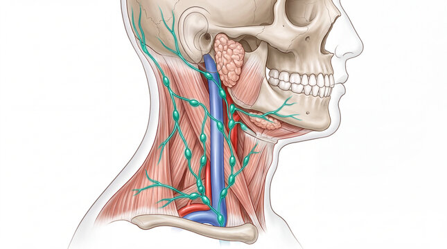 Lymph nodes and neck anatomy illustration showing cervical lymphatic vessels, salivary glands, muscles, and skull profile for medical education, healthcare diagrams, and scientific research