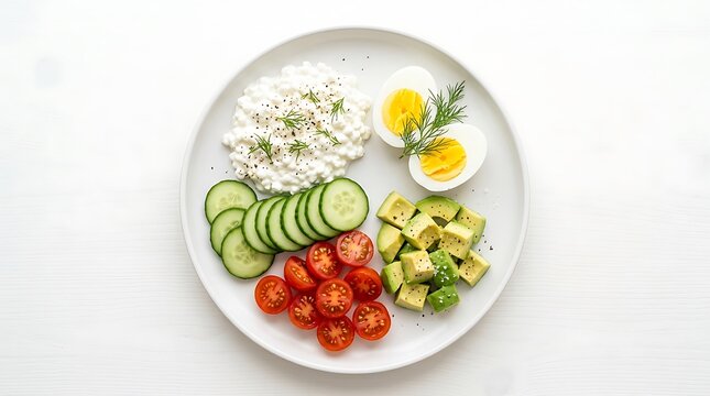 Healthy breakfast plate with sliced cucumber tomato avocado and boiled eggs with fresh dill on a plate. low carb breakfast