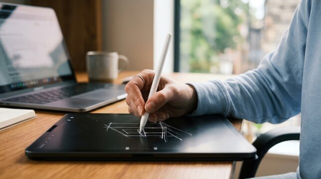 Digital artist using a stylus on a graphics tablet with a laptop nearby