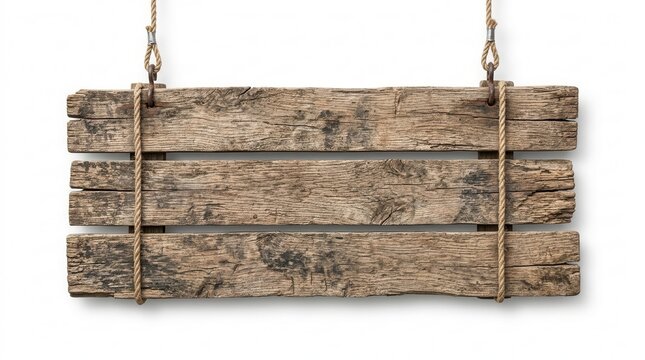 Rustic Wooden Signboard Hanging With Rope Against White Background