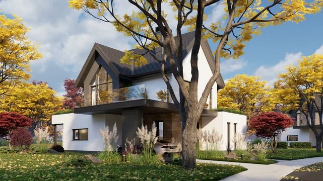 4K pan of a modern suburban house exterior in autumn. Features a white facade, warm wood accents, and an open carport, surrounded by vibrant yellow fall trees and a bright blue sky.