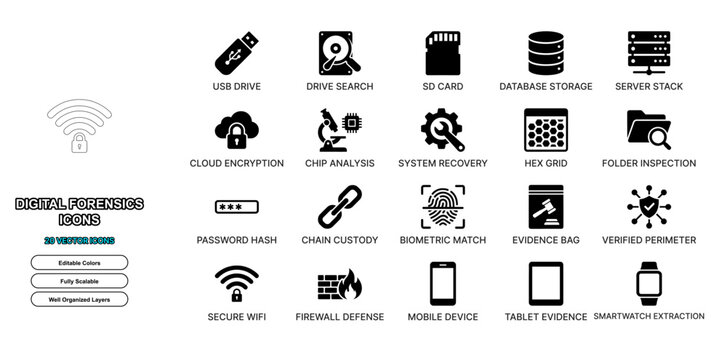 Digital forensics investigation flat icon set. Cyber crime evidence, hard drive data recovery, encryption search, chip analysis symbols for web app ui design.