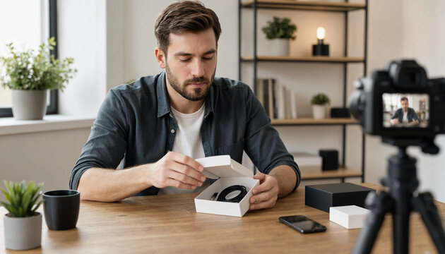 Young man blogger recording unboxing a small white box with gadget accessory at home influencer unboxing recording streaming technology internet lifestyle business marketing vlogging