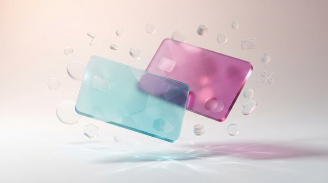 Two translucent plastic credit cards in pink and blue floating with abstract shapes