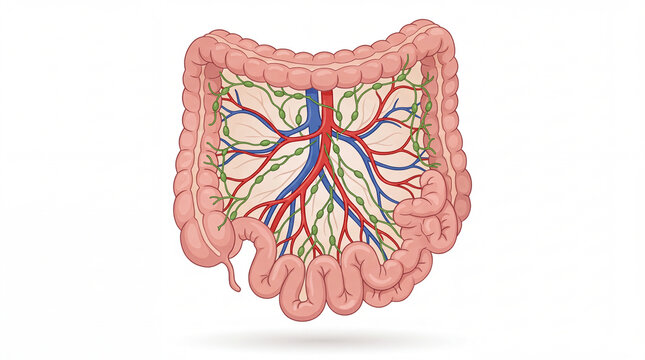 Colon anatomy diagram with mesenteric vessels and lymph nodes in clean medical illustration style, depicting arteries and veins isolated on white for gastroenterology healthcare education