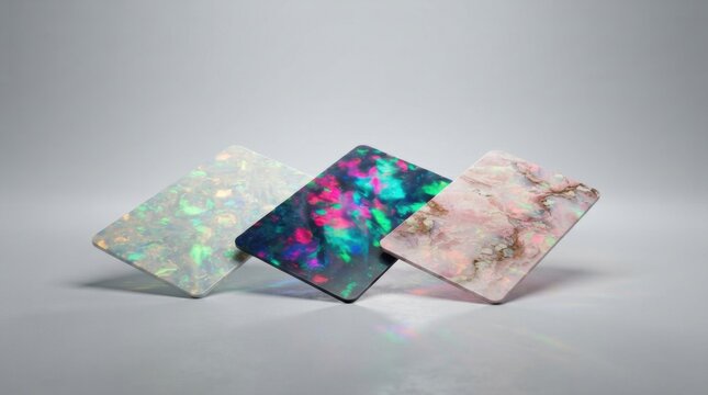 Three colorful rectangular cards with marble and iridescent texture patterns