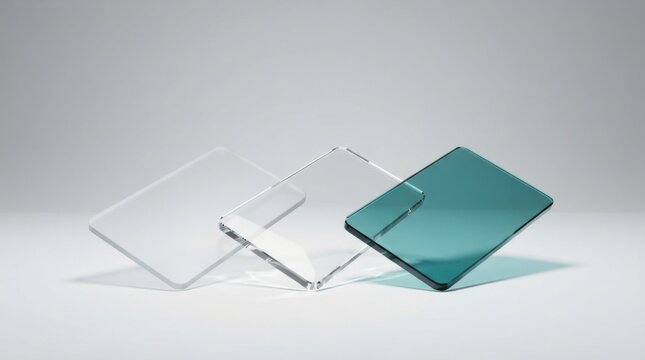 Three rectangular glass plates standing on a clean light surface