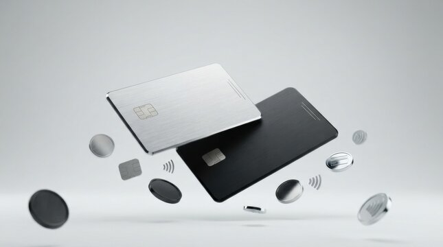 Black and silver credit cards floating with shiny metallic coins in a studio setting