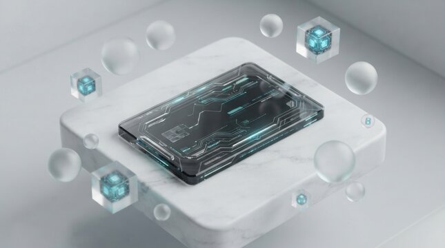 Futuristic smartphone with digital circuit board design and floating glass cubes