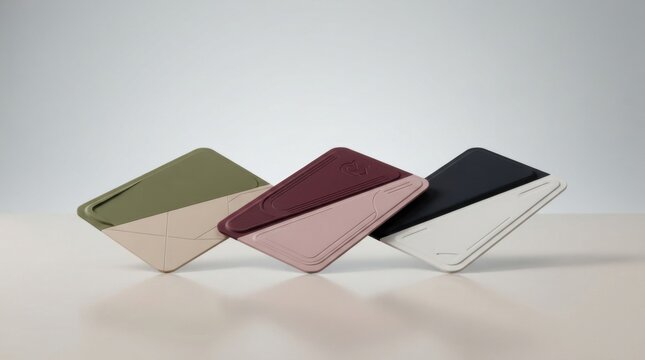 Three colorful mobile phone magnetic card holder wallets isolated on white background