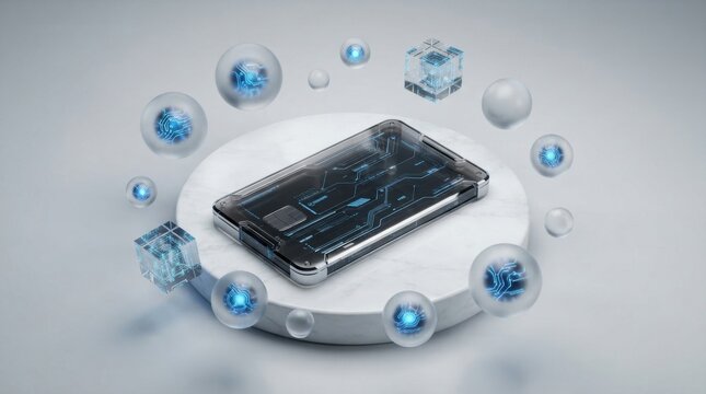 Modern smartphone device with futuristic digital circuit board and glowing bubbles