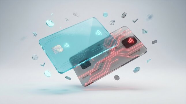 Modern digital credit cards with glowing circuit lines floating on a clean background