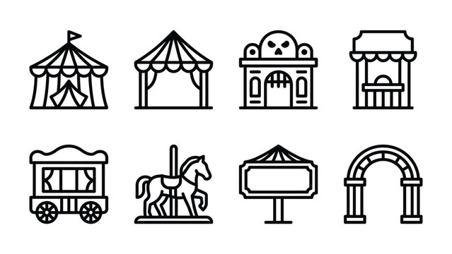 Circus and Fairground Icons: A collection of stylized line art icons representing various elements of a circus and fairground, including tents, a ticket booth, a carousel horse, an archway.