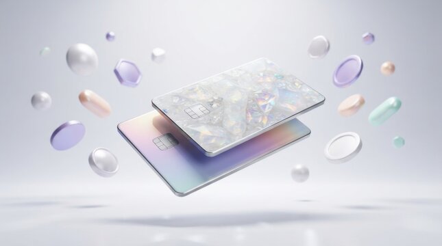 Two luxury credit cards floating with shiny diamond crystals and glowing coins