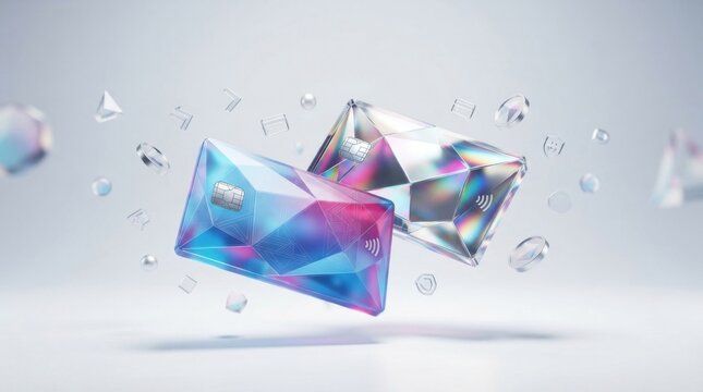 Two futuristic diamond shaped credit cards floating with glowing light reflections