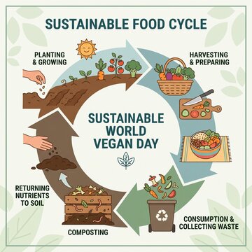 Sustainable food cycle showing seeds growing into vegetables, harvested produce becoming a vegan meal, compost returning nutrients to soil, 2d flat vector illustration, World Vegan Day