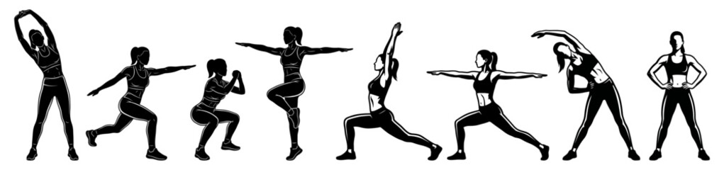 Fototapeta premium Yoga Poses Sequence Illustration, Dynamic Fitness Routine Concept. Silhouette Figures Demonstrating Stretching