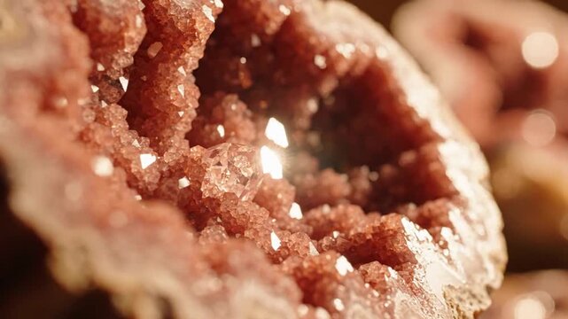 Macro shot of sparkling pink rose quartz geode crystal cluster shining in warm light.