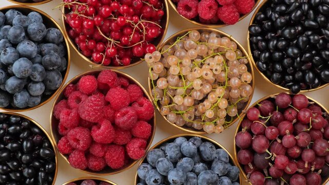 Top View Of Blueberry Raspberry White Currant Red Currant And Blackberry Arranged In Small Bowls Concept of Healthy Eating and Summer Berries