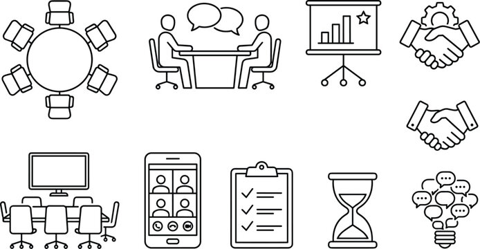  Business meeting and collaboration line icon set featuring conference room handshake presentation board video call and teamwork symbols isolated on white,