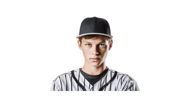 Baseball player wearing a striped jersey and black cap looks directly forward with confidence.