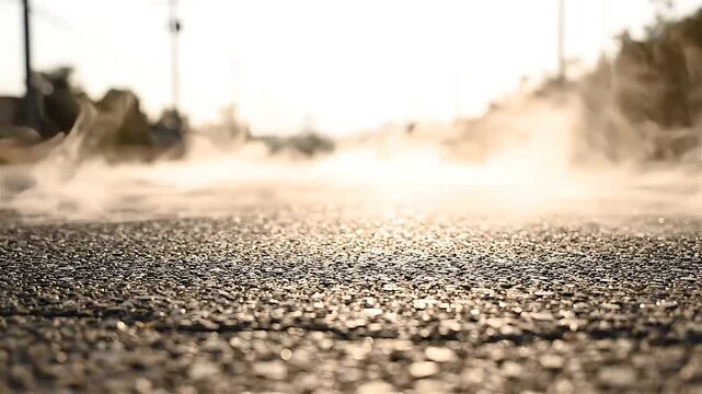 Water Splash on Asphalt Road Surface, Creating a Dynamic and Fluid Motion Effect. 4k Footage of Water Impact. with Spray