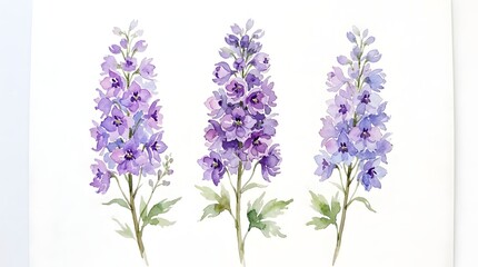 Obraz premium A beautifully painted delicate watercolor illustration features three lavender flower stalks with lush green leaves set against a pristine white backdrop evoking calm serenity