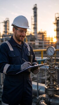 A male industrial engineer wearing safety gear inspects equipment at an oil refinery during sunset. The warm lighting highlights the complex machinery and industrial setting. The engineer is focused,