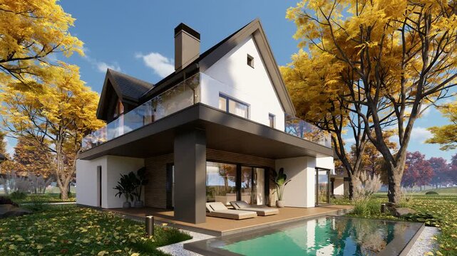 4K pan of a modern suburban house exterior in autumn. Features a white facade, warm wood accents, and an open carport, surrounded by vibrant yellow fall trees and a bright blue sky.