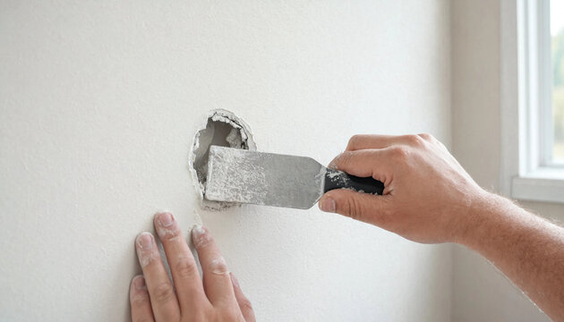 Hand using a metal spatula to fill a small hole in a white interior wall with home improvement putty knife renovation handyman patching interior applying maintenance renovating