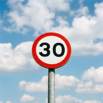 Thirty Speed Limit Traffic Sign Against Blue Sky Clouds