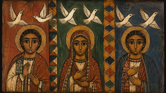 Three sacred figures beneath white doves in a traditional Christian icon style