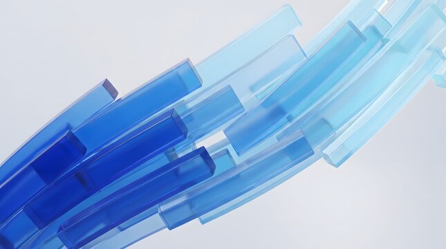 Abstract arrangement of translucent blue rectangular prisms against a white background