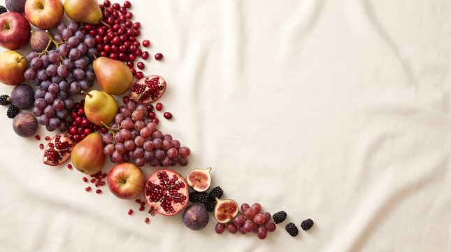 Autumn harvest fruit border with grapes, pears, apples, pomegranates, and figs on linen