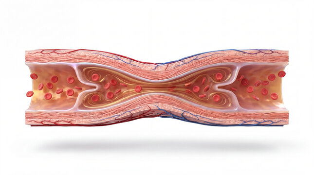 Artery stenosis medical cross section showing narrowed vessel lumen with red blood cells and anatomical wall layers in a 3D scientific render isolated on a white background